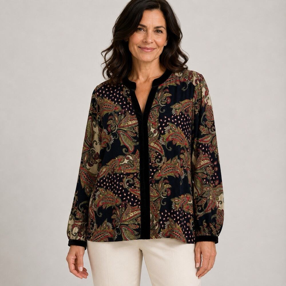 Soft Surroundings V Neck Popover Velour Top Large Black Paisley Long Sleeve